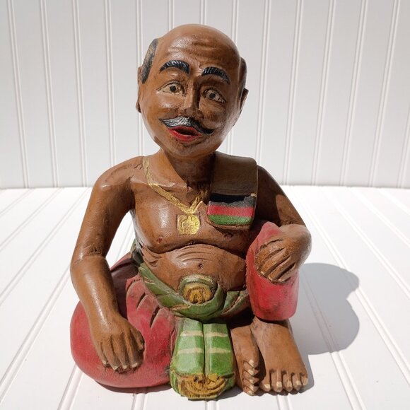 Wooden Indian Man Statue Hand Carved Painted Made in India Vintage Sculpture MCM - Picture 1 of 13